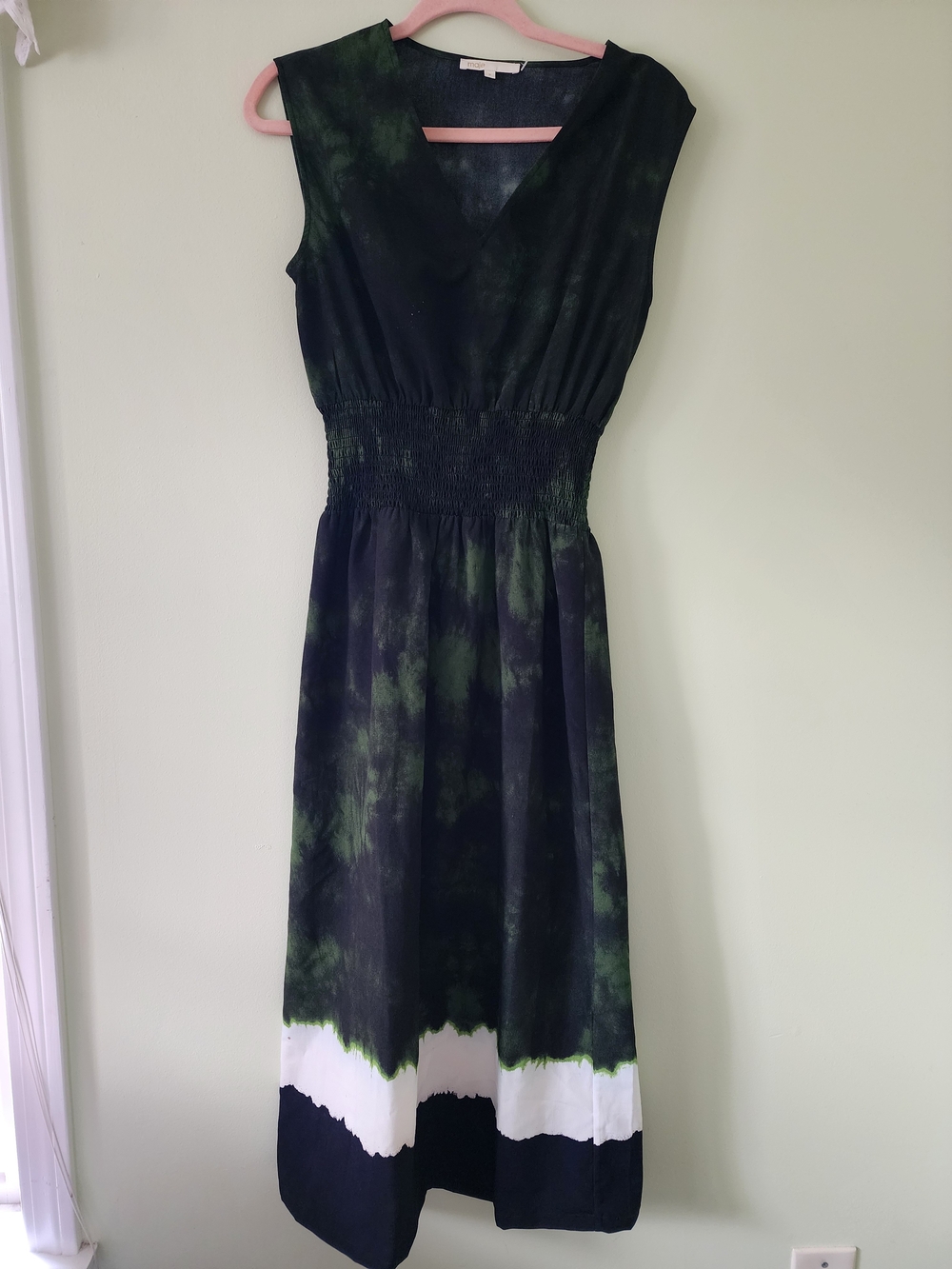 Maje Black and Green Tie-Dye Sleeveless V-Neck Midi Dress with White Hem